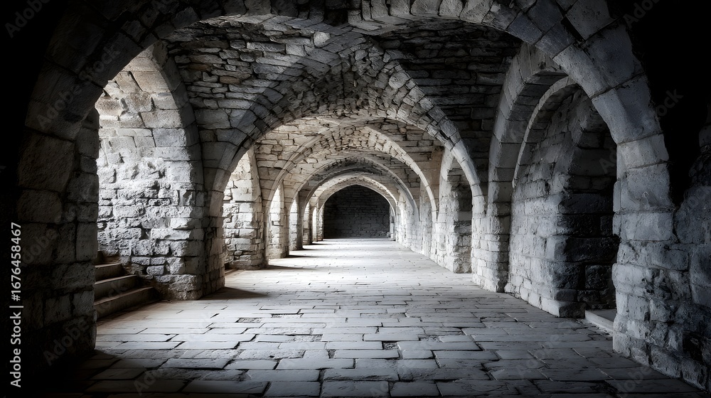 Obraz premium A long, stone-walled passageway with arched ceilings, evocative of a bygone era.