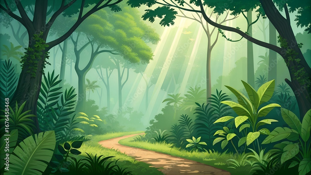 Obraz premium lush green tropical forest with sunlight path