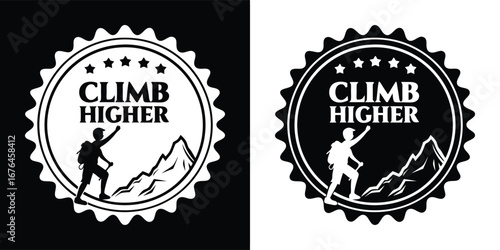 Climb higher logo with a hiker silhouette ascending a mountain, symbolizing ambition, perseverance, and reaching new heights