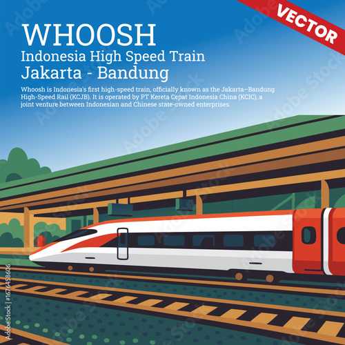 Vector Illustration of WHOOSH Indonesia High-Speed Train Passing Through the Green Countryside