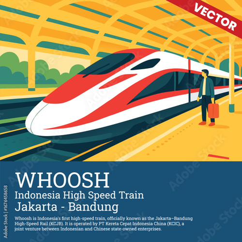 WHOOSH Indonesia High-Speed Train Zooming Along a Track Above a Vibrant City, Connecting Jakarta and Bandung