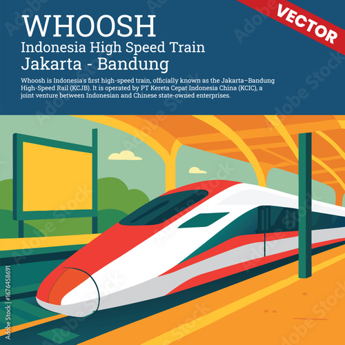 WHOOSH High-Speed Train Zooming Across a Clear Blue Sky with Urban Infrastructure in the Background