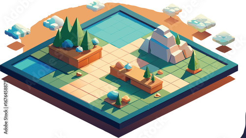 Isometric grid & soft-shadow overlays for placing tiny landscapes into scenes, vector grid + PNG shadows, palette.