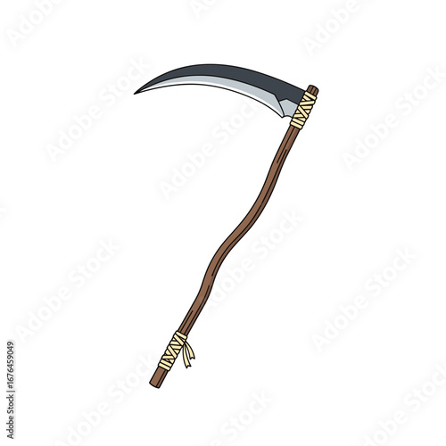 Detailed illustration of a scythe, a classic farming tool, ready for commercial use.