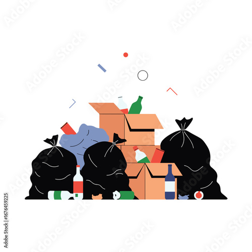Trash bags and boxes overflowing with waste and recycling, promoting environmental awareness