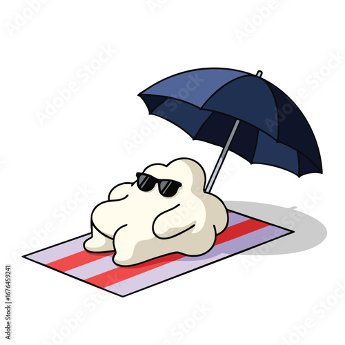 Cartoon Cloud Character Relaxing Under Umbrella on Beach Towel.