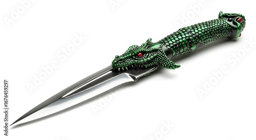 Green decorative knife with crocodile handle on white background