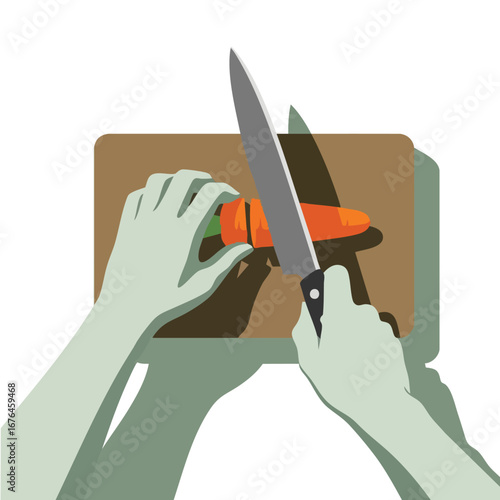 Hands Using Knife to Cut an Orange Carrot on Cutting Board.