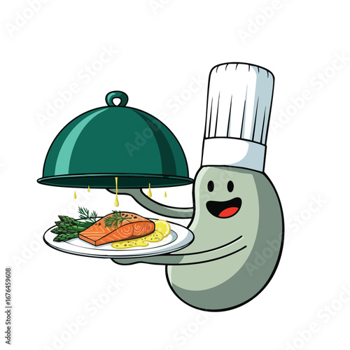 Cartoon Bean Chef Serving Salmon Dish.