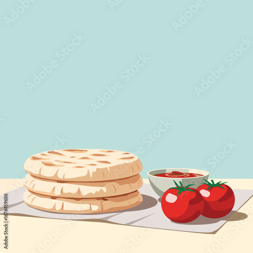 Freshly baked flatbread with tomatoes and sauce ready for a delicious, satisfying meal