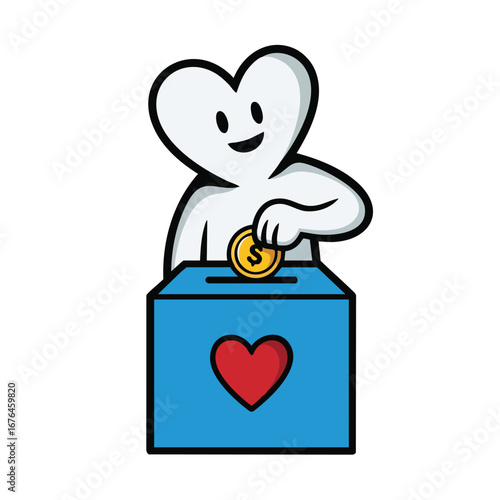 Cartoon character with heart head donating coin into blue charity box.