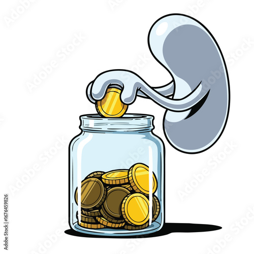 Cartoon kidney character saving gold coins in a transparent glass money jar.