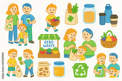 Crayon illustrations of a happy family shopping with zero-waste habits