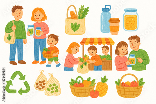 Crayon illustrations of a happy family shopping with zero-waste habits