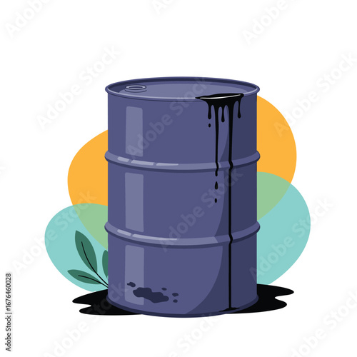 Crude oil barrel with leaks, symbolizing fossil fuel industry issues and environmental concerns today