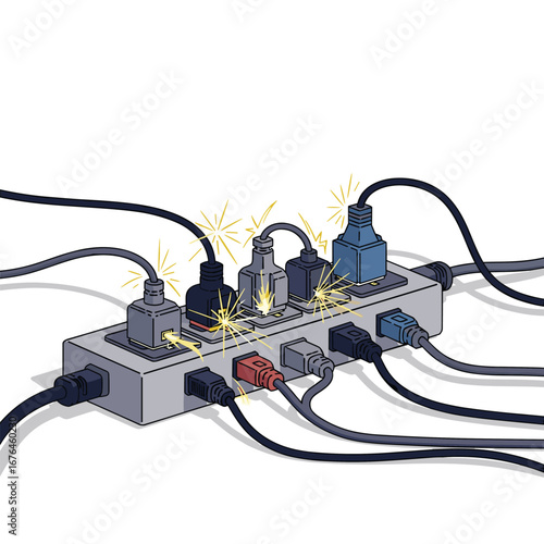 Overloaded power strip sparking with multiple electrical plugs creating a dangerous fire hazard concept
