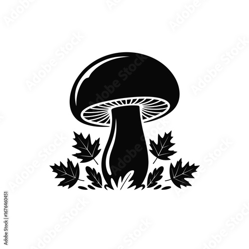 Stylized black and white mushroom icon with autumn leaves for nature and forest themes