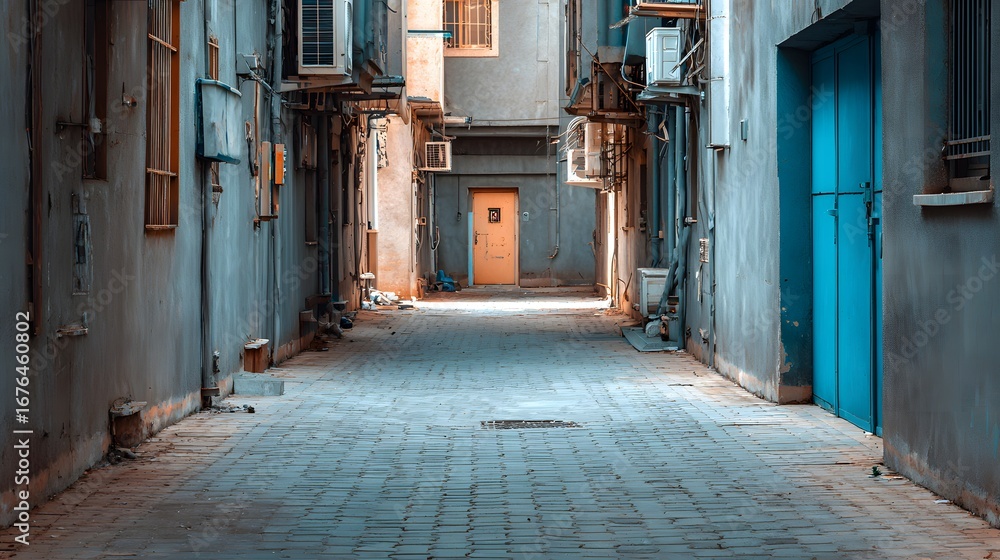 Fototapeta premium A sun-drenched alleyway, lined with weathered gray walls and accented by a vibrant blue door, stretches into the distance, showcasing the quiet charm of urban decay.