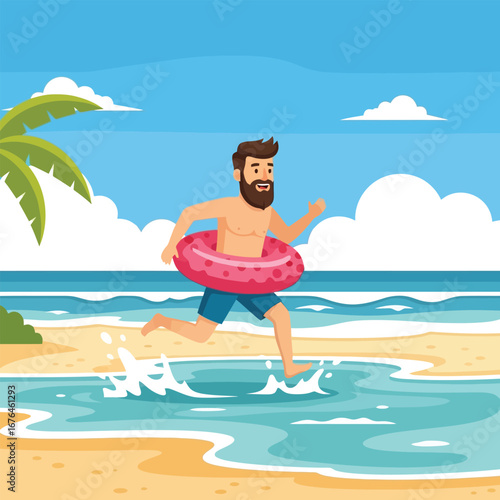 A bearded man runs into the ocean with a pink inflatable ring on a sunny beach.