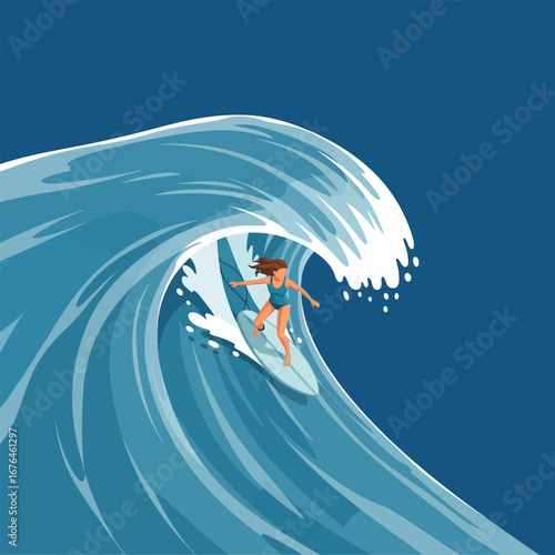 A woman in a blue swimsuit is surfing a large, stylized wave against a dark blue background.