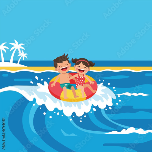 Two happy children, a boy and a girl, are riding a wave on an inflatable ring near a tropical island.