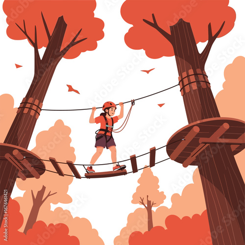 A person wearing safety gear walks across a rope bridge high in the trees at an outdoor adventure park.