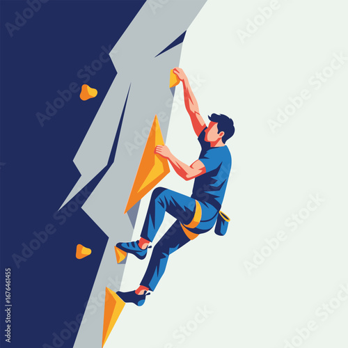 A man is rock climbing up a steep cliff face, using handholds and wearing climbing gear.
