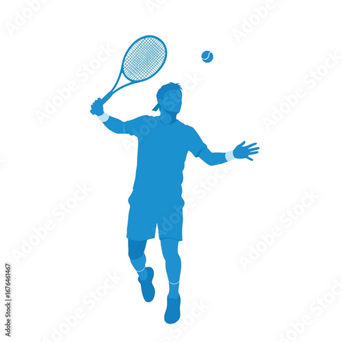 Silhouette of a tennis player in mid-serve against a white background.