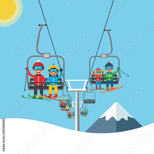 Cartoon skiers riding a ski lift on a snowy mountain.