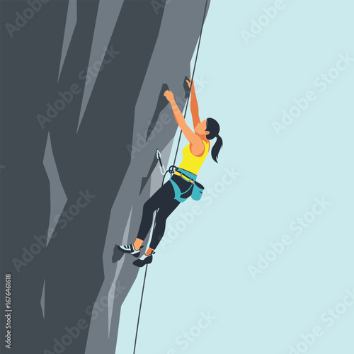 A female rock climber ascends a steep, grey cliff face, showcasing determination and athleticism.