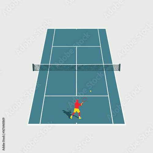A tennis player in red attire swings at a yellow ball on a blue court.