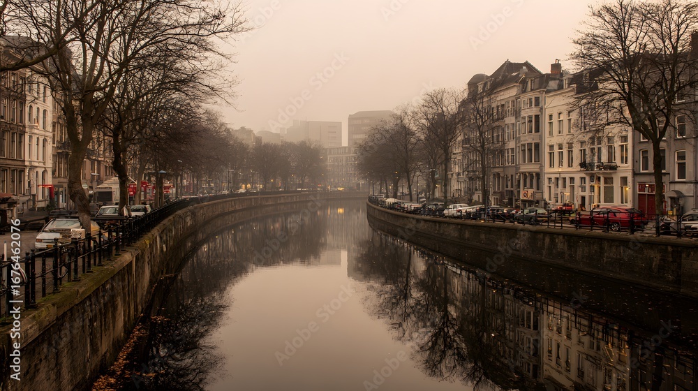 Obraz premium A serene canal scene, reflecting historic buildings and a tranquil atmosphere in a muted, misty setting.