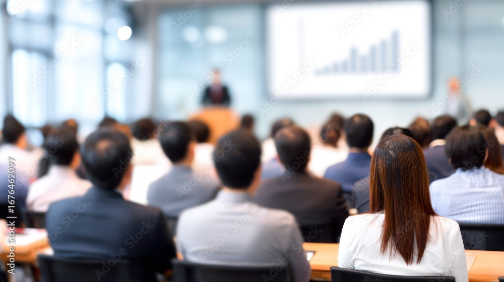 Fototapeta premium A business conference in a modern office building. The speaker is addressing a crowd of attendees, who are seated in rows of chairs.