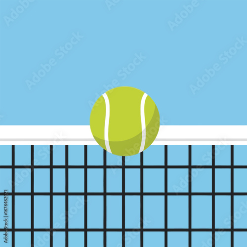 A tennis ball is positioned above the net on a blue tennis court.