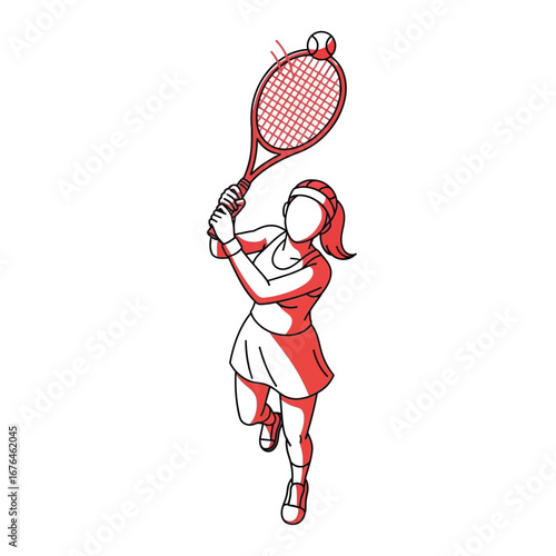 Stylized illustration of a female tennis player hitting a ball with a racket, depicted in red and white.