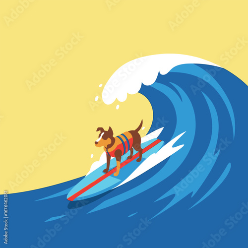 Cartoon dog surfing on a wave, wearing a life vest, against a yellow background.