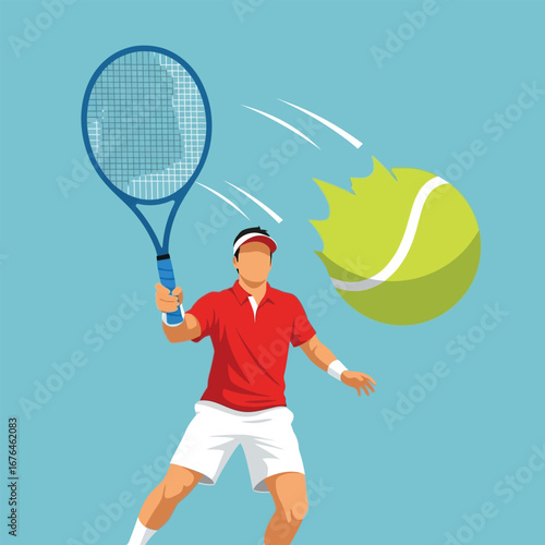 A tennis player in a red shirt hitting a tennis ball with a racket.