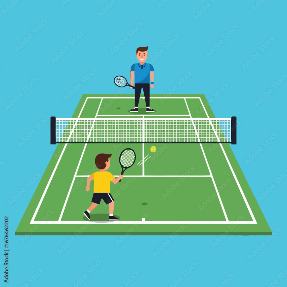Fototapeta premium Two cartoon figures playing tennis on a green court, hitting a yellow ball.