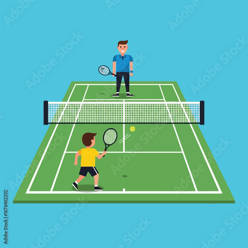 Two cartoon figures playing tennis on a green court, hitting a yellow ball.