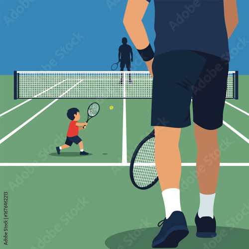 A child is playing tennis on a court, with an adult watching in the foreground and another figure in the background.