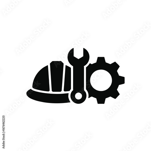 Industrial safety helmet wrench and gear icon symbolizing engineering and manufacturing professions