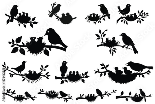 Black silhouette bird family on branches with nests