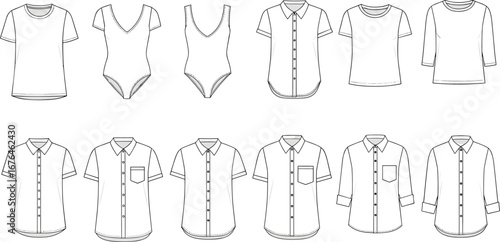 CAD drawing flat vector illustration of women’s tops and shirts fashion design template, t-shirt, bodysuit, collared button-up shirt styles
