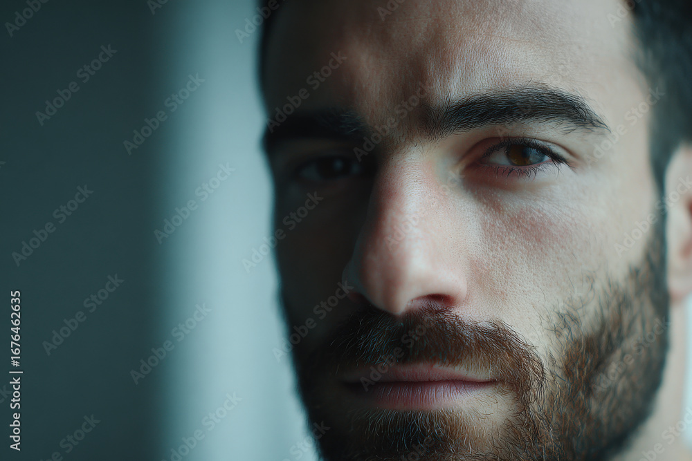 Obraz premium closeup of man face with beard expressing intense effort and deep emotions