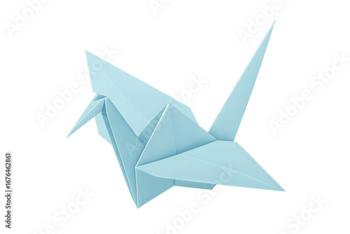 Light blue origami crane flying on transparent background