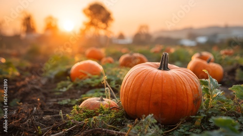 A vibrant pumpkin patch at sunset, showcasing plump pumpkins nestled in the soil and bathed in warm, golden light.
