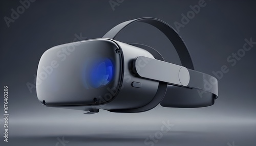 VR headset, three-quarter angle, soft rim, matte polymer, lens glare controlled, strap texture sharp, floating in studio void, subtle fog, cinematic depth, no text, no brand, no logos, high detail.