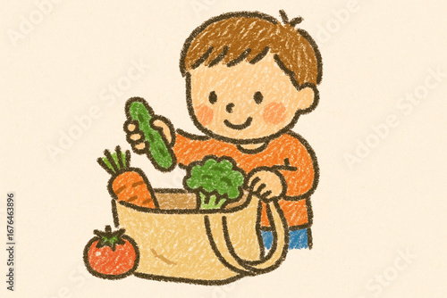 Crayon illustration of a boy putting vegetables into a cloth bag