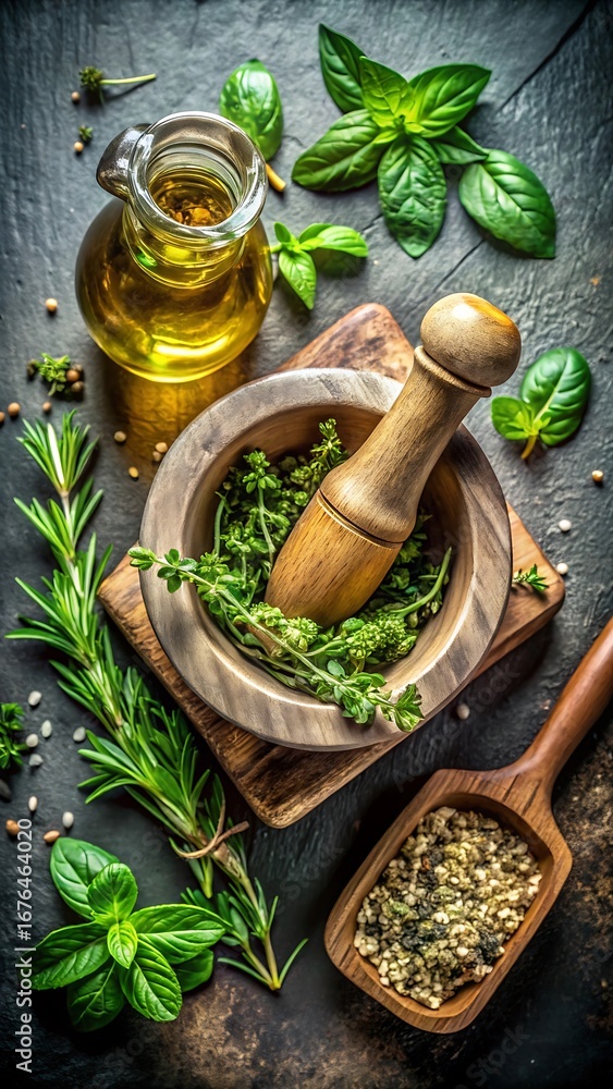Obraz premium Herbs and spices in mortar with pestle and olive oil