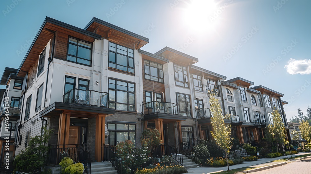 Naklejka premium Modern townhomes line a sunny street, showcasing a contemporary architectural design.